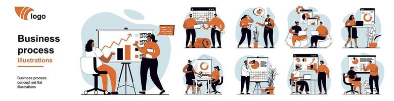 Business process concept with people scenes mega set in flat web design. Bundle of character situation with teamwork, data analysis, financial planning, project cooperation. illustrations. vector
