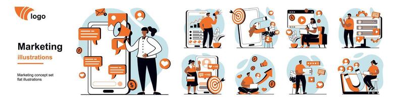 Marketing concept with people scenes mega set in flat web design. Bundle of character situation with target and attract customers, make advertising campaigns, online promotion. illustrations. vector