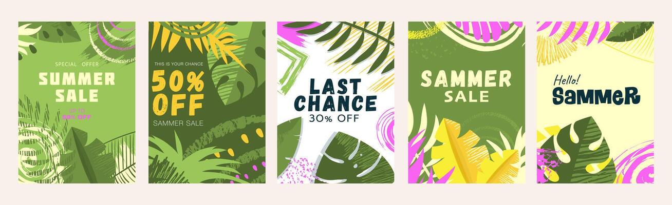 Summer sale cover brochure set in trendy flat design. Summertime banner templates with simple green palm tree leaves, decorative floral leaflet frames, shopping promotion offers. illustration.