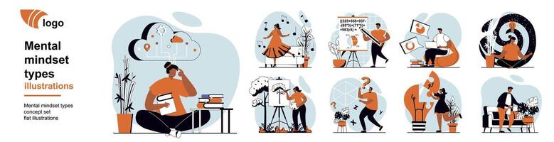 Mental mindset types concept with people scenes mega set in flat web design. Collection of scenes people with logical, creative, abstract, analytical and other intelligence. illustrations. vector
