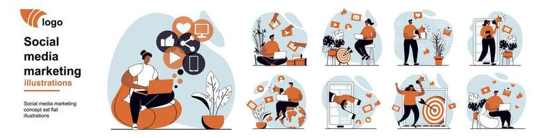 Social media marketing concept with people scenes mega set in flat web design. Bundle of character situation with attracting audience with online advertising and promotion. illustrations. vector