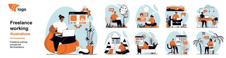Freelance working concept with people scenes mega set in flat web design. Bundle of character situation with remote workers doing tasks online from home offices and locations. illustrations. vector