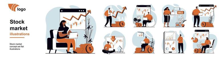 Stock market concept with people scenes mega set in flat web design. Bundle of character situation with monitoring financial data, buy or sell with success investment strategy. illustrations. vector