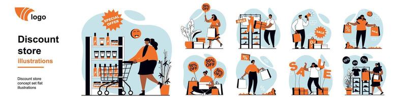 Discount store concept with people scenes mega set in flat web design. Bundle of character situation with shopping with best prices at sales in store showrooms and supermarkets. illustrations. vector