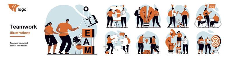 Teamwork concept with people scenes mega set in flat web design. Bundle of character situation with team working at project, brainstorming, targeting, achieve business goals. illustrations. vector