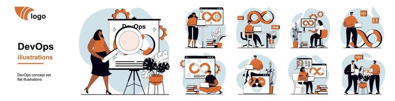 DevOps concept with people scenes mega set in flat web design. Bundle of character situation with development operations agile cycle, team workflow, for programming products. illustrations. vector