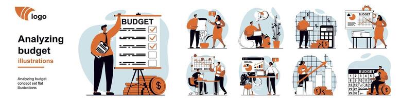 Analyzing budget concept with people scenes mega set in flat web design. Bundle of character situation with bookkeeping doing accounting, calculate financial statistics in report. illustrations vector