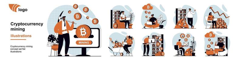 Cryptocurrency mining concept with people scenes mega set in flat web design. Bundle of character situation with miner gets profit, sell and buy bitcoins, analyze finance data. illustrations. vector