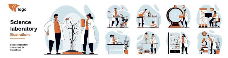 Science laboratory concept with people scenes mega set in flat web design. Bundle of character situation with scientific research, chemical tests, experiment discoveries in lab. illustrations. vector