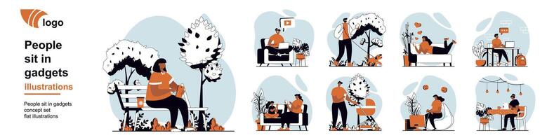 People sit in gadgets concept with character scenes mega set in flat web design. Bundle of situation with users spending time in smartphones, distracting in app, using phones. illustrations. vector