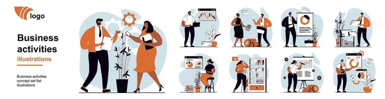 Business activities concept with people scenes mega set in flat web design. Bundle of character situation with discussing tasks, analyze data, develop project, create strategy. illustrations. vector