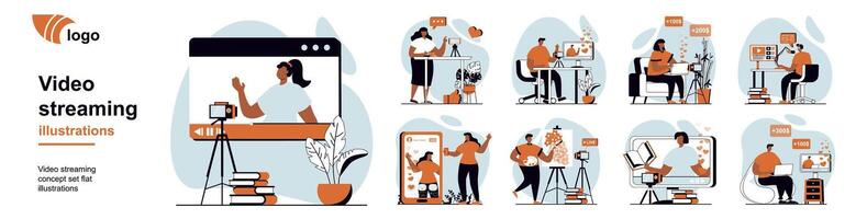 streaming concept with people scenes mega set in flat web design. Bundle of character situation with bloggers broadcast online, record podcasts, blog content creation. illustrations. vector