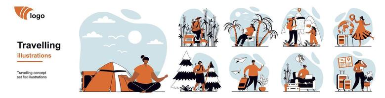Travelling concept with people scenes mega set in flat web design. Bundle of character situation with travelers with luggage go on vacation, hiking, global travel, beach resort. illustrations. vector