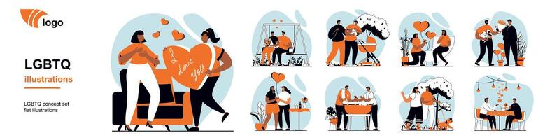 LGBTQ couples concept with people scenes mega set in flat web design. Bundle of character situation with lgbt partners on romantic date, propose, adopt and raise kids together. illustrations. vector