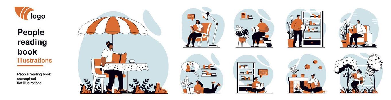 People reading books concept with character scenes mega set in flat web design. Bundle of situation with literary lovers read different paper romance, studying from textbooks. illustrations. vector