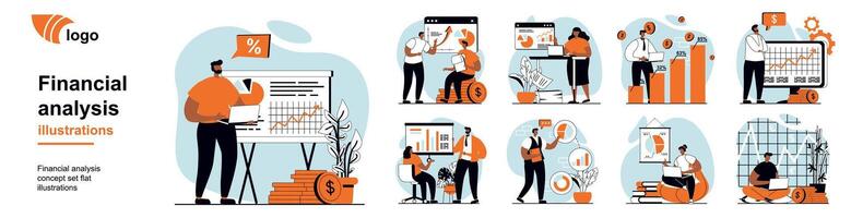 Financial analysis concept with people scenes mega set in flat web design. Bundle of character situation with accounting, research financial statistics, calculate growth budget. illustrations. vector