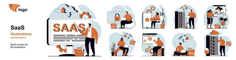 SaaS concept with people scenes mega set in flat web design. Bundle of character situation with users use software as a service, subscription to programs with cloud storage. illustrations. vector