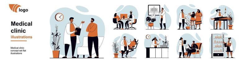 Medical clinic concept with people scenes mega set in flat web design. Bundle of character situation with patients visit doctors for consultations, diagnostics and treatment. illustrations. vector