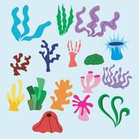 Set of fabulous sea corals, anemones and seaweed on blue background. Cartoon illustration of sea flora. vector