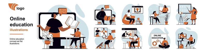 Online education concept with people scenes mega set in flat web design. Bundle of character situation with distant students watching lessons, trainings and webinars. illustrations. vector