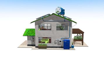 Ecological house with installation of solar panels, hot water system, sustainable home garden and recycling bins rotating 360 degrees against white background. Loop sequence. 3D Animation video