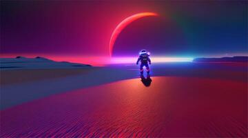 Astronauts back up on a planet with a beach as the sun shines on them. video
