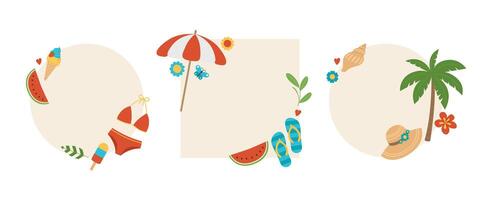 Set of frames with summer elements. Round and square frames with ice cream, swimsuit, watermelon, beach umbrella, flip flops, shell, hat, palm and flowers. Tropical text boxes vector