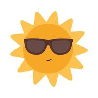 Sun in dark sunglasses with a smirk. Yellow sun with smiling face. Summer season, beach vacation. Flat illustration isolated on white background vector