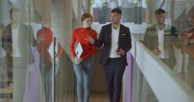 In the dynamic environment of a modern startup company, the director engages in a discussion with his young business colleague while they walk, reflecting the spirit of collaboration and innovation in video