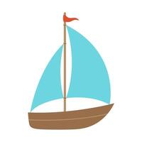 Sailboat with one mast, two sails and red flag. Sailing regatta. Yachting or traveling. Flat illustration isolated on white background vector