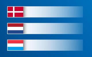 Simple banner with Danish, Dutch and Luxembourgish flags and blank space for your text and design. Made in Denmark, Made in Holland, Made in Luxembourg. Modern illustrations vector