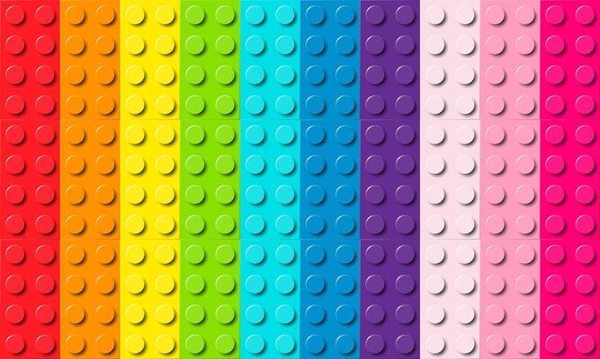 Many plastic building toy blocks background. Wallpaper of bricks in different colors. Close-up of a colorful bricks viewed from above. Abstract background illustration