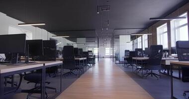 Modern startup centers composed of glass offices within a contemporary corporate environment, highlighting the sleek, innovative, and minimalist design aesthetics of a cutting-edge workspace video