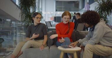 A diverse group of colleagues exchange business experiences, engage in collaborative problem-solving, and work together in a relaxed, modern office interior, demonstrating the value of teamwork and video