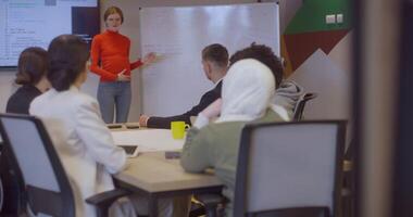 A pregnant business woman with orange hair confidently presents her business plan to colleagues in a modern glass office, embodying entrepreneurship and innovation video