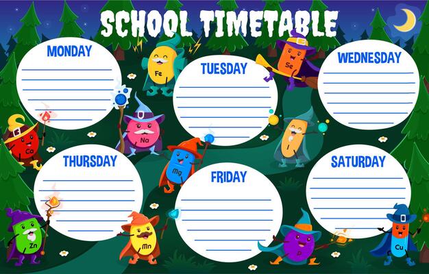School education timetable cartoon mineral wizards