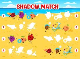 Shadow match game with cartoon fruits on beach vector