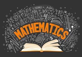 Math textbook and formulas on chalkboard, vector