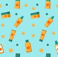 Sunscreen cosmetics in different bottles on a blue background. Bright, summer 2d illustration. vector