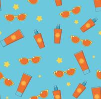 Sunscreen cosmetics in different bottles and sunglasses on a blue background. Bright, summer 2d illustration. vector