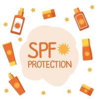 Sunscreen cosmetics in different bottles. 2D illustration. vector