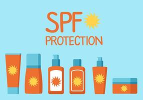 Sunscreen cosmetics in different bottles on a blue background. Bright, summer 2d illustration. vector
