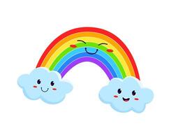 Funny rainbow and smiling clouds, cute characters vector