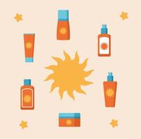 Sunscreen cosmetics in different bottles on a natural background. Bright, summer 2d illustration. vector