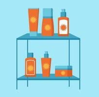 Sunscreen cosmetics in different bottles on a shelf on a blue background. Bright, summer 2d illustration. vector