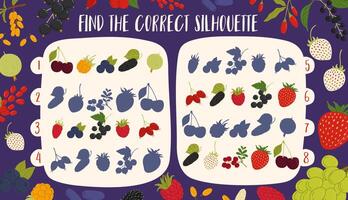 Find the correct shadow. Forest and garden berries vector