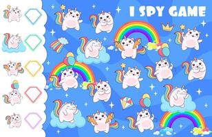 I spy game worksheet with caticorn cat characters vector