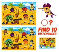 Find ten differences game, cartoon fruit pirates vector