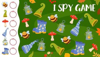 I spy game with autumn leaves, animals, plants vector
