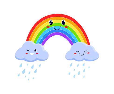 Funny rainbow and rainy clouds, cartoon characters